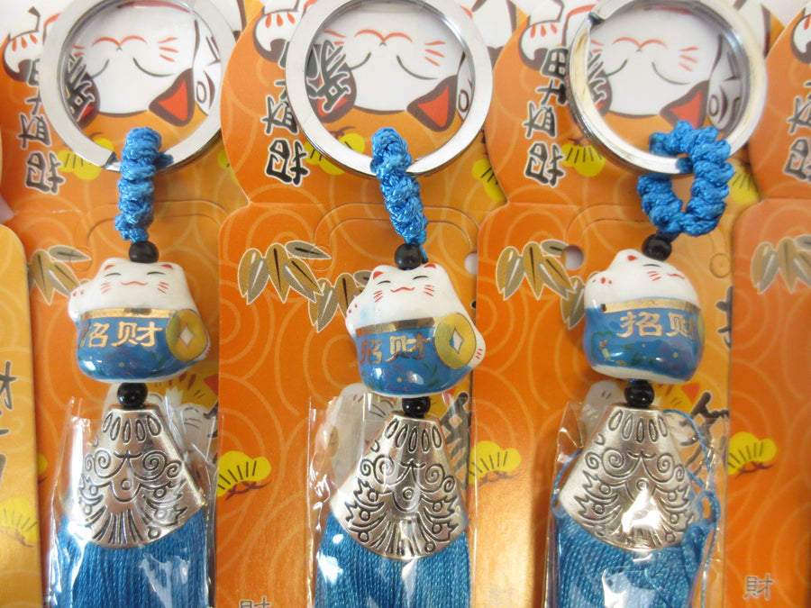 Geluks Maneki Neko Kat Sleutelhanger met Blauwe Kwast (6 stuks)