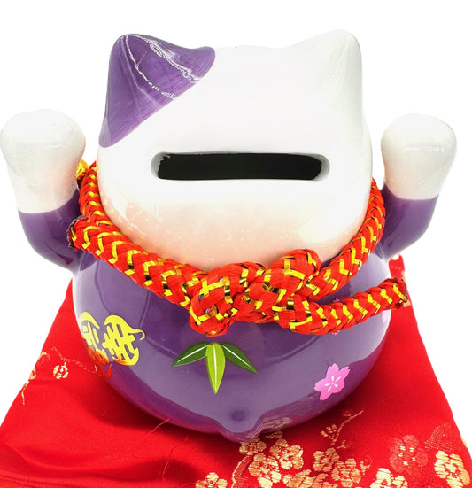 Lucky Cat Spaarpot op Kussen met 2 Bellen (Paars)
