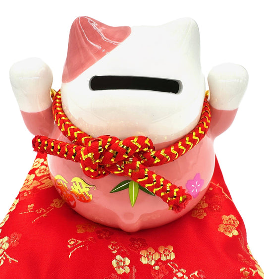Lucky Cat Spaarpot op Kussen met 2 Bellen (Roze)