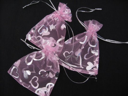 Organza Zakjes Hartjes Roze - 13cm x 20cm