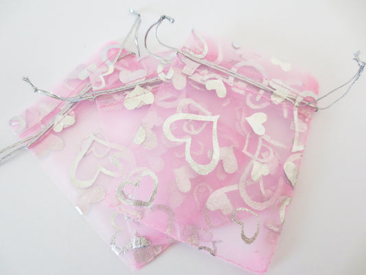 Organza Zakjes Hartjes Roze - 10cm x 15cm