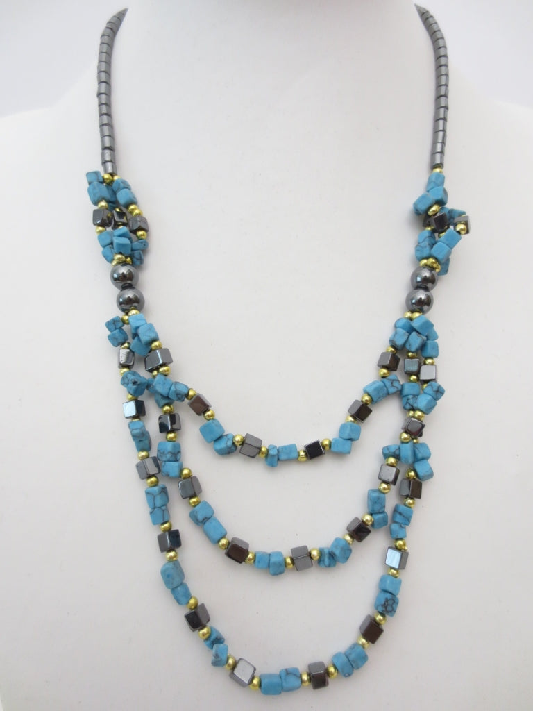 stenen en hematietketting Turquoise 3 lagen