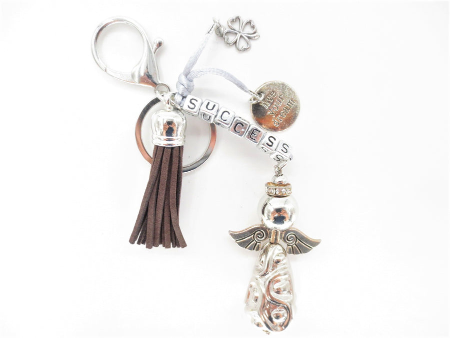 Donkerbruine "SUCCESS" Angel Sleutelhanger met Tassel