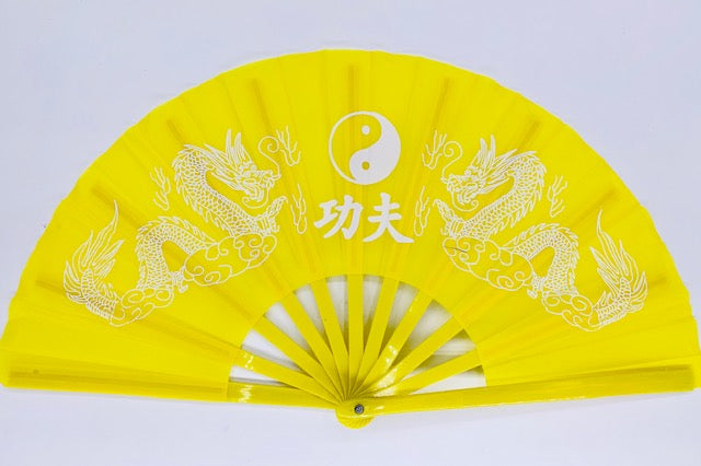 Tai Chi waaier geel met draken en Yin Yang