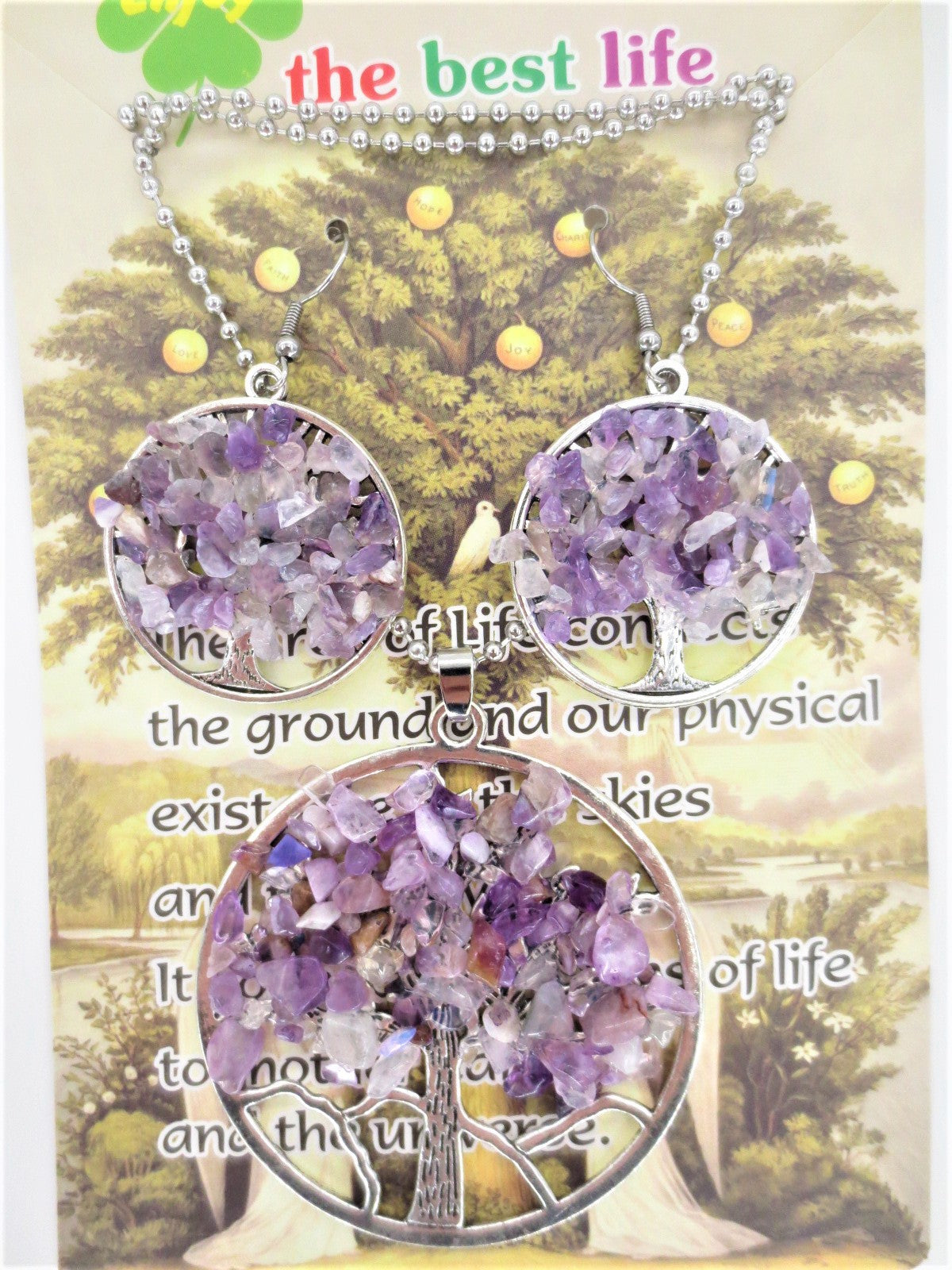 Tree of Life ketting + oorbel set amethist