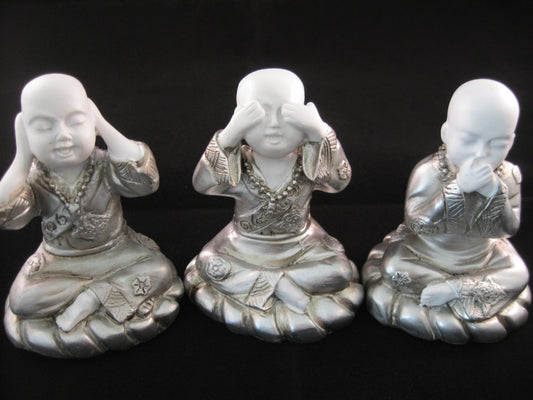 Groothandel - Mini horen, zien, zwijgen monnik wit/zilver